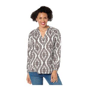 Belle by Kim Gravel Blouse Size Large Floral Ikat Blouson Sleeve Hot Fudge Boho